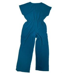 Fred David Women's M Teal Crinkle Wrap Wide Leg Cargo Jumpsuit V-Neck Belted